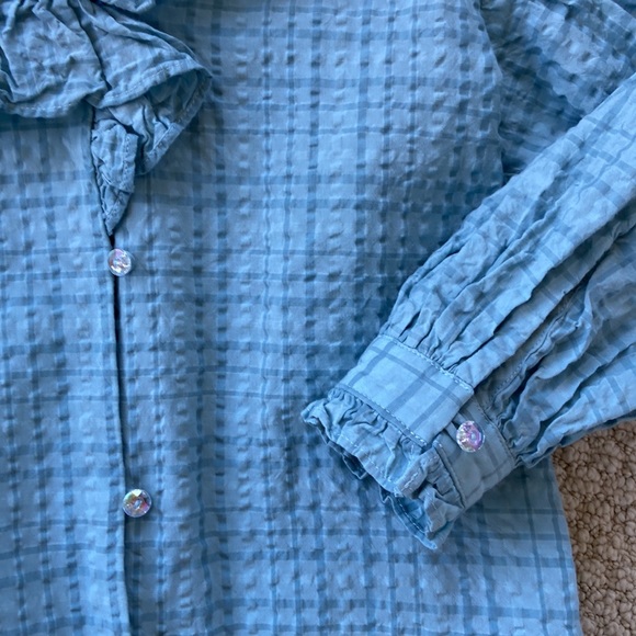 Beams Boy O.Big ruffled collar blouse, one size, blue check - Picture 4 of 11